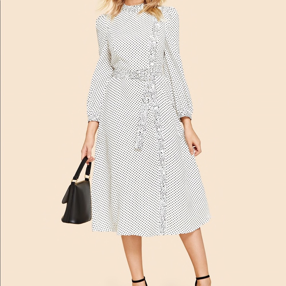 Black & white polka dot dress midi below knee long